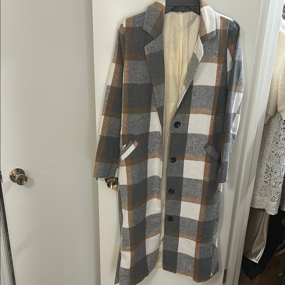 Gray and White Plaid Coat